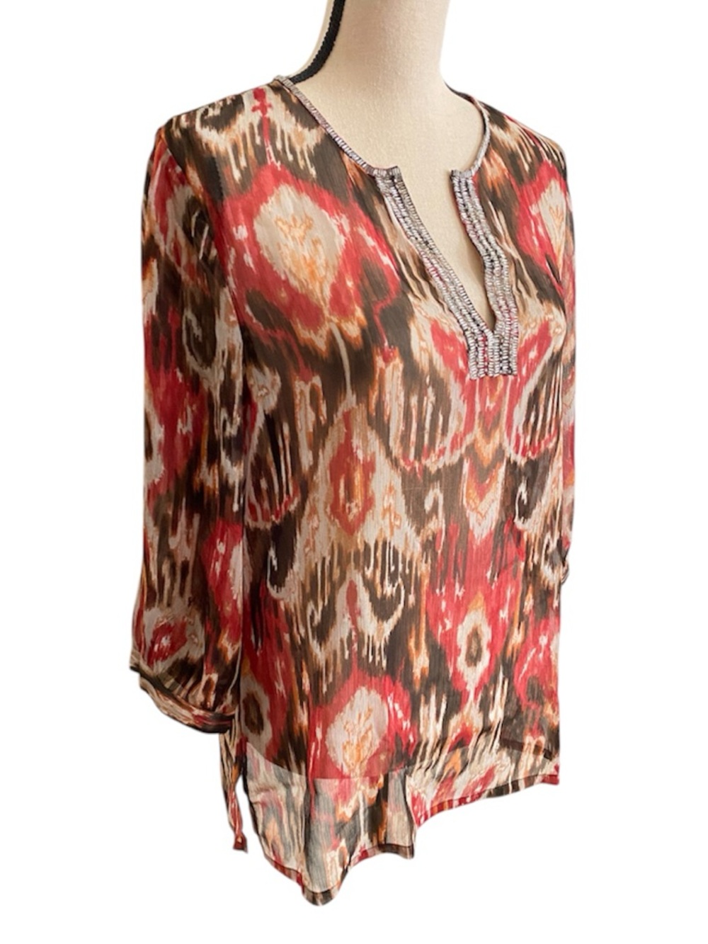 Chicos Blouse Top Size 1 Brown Red Tan Fall Colors Sheer
